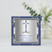 Invitation Garçon Première Sainte Communion Argent Royal Blue (Debout devant)
