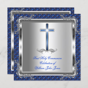 Invitation Garçon Première Sainte Communion Argent Royal Blue
