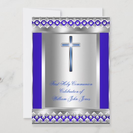Invitation Garçon Première Sainte Communion Argent Royal Blue (Devant)
