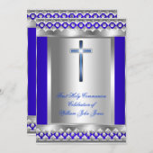 Invitation Garçon Première Sainte Communion Argent Royal Blue (Devant / Derrière)