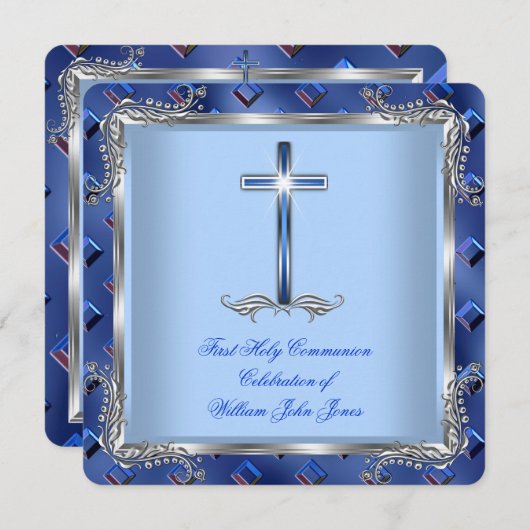 Invitation Garçon Première Sainte Communion Argent Royal Blue (Devant / Derrière)