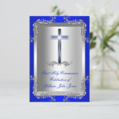 Invitation Garçon Première Sainte Communion Argent Royal Blue (Debout devant)