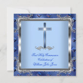 Invitation Garçon Première Sainte Communion Argent Royal Blue (Devant)