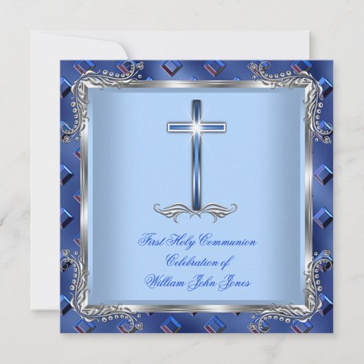 Invitation Garçon Première Sainte Communion Argent Royal Blue (Devant)