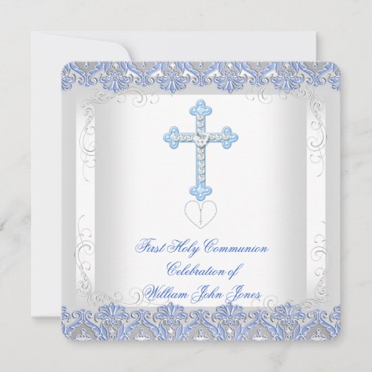 Invitation Garçon Première Sainte Communion Blanc Argent Bleu (Devant)