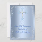 Invitation Garçon Première Sainte Communion Bleu Argent (Devant)