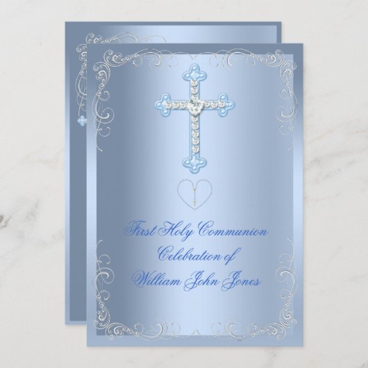 Invitation Garçon Première Sainte Communion Bleu Argent (Devant / Derrière)