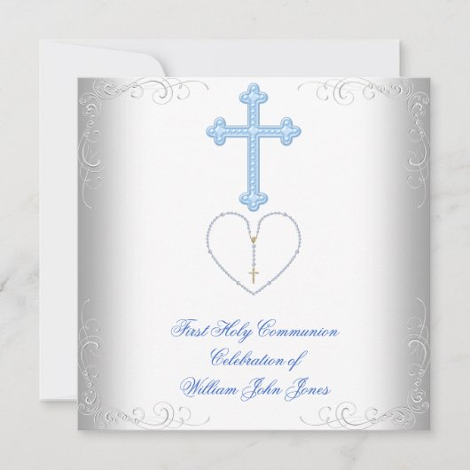 Invitation Garçon Première Sainte Communion Bleu Bleu Blanc (Devant)