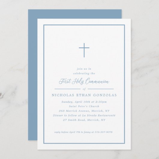 Invitation Garçon Première Sainte Communion Croix Bleue Cadre (Devant / Derrière)