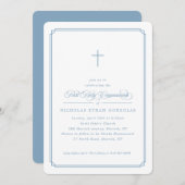 Invitation Garçon Première Sainte Communion Croix Bleue Cadre (Devant / Derrière)