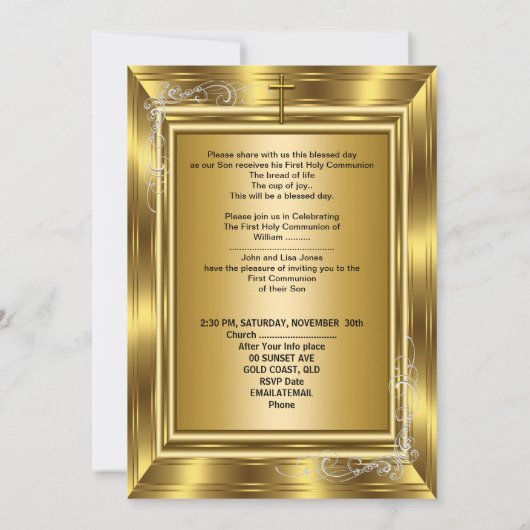 Invitation Garçon Première Sainte Communion Croix d'or (Dos)