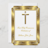 Invitation Garçon Première Sainte Communion Croix d'Or Blanc  (Devant)