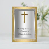 Invitation Garçon Première Sainte Communion Croix d'or d'arge (Debout devant)