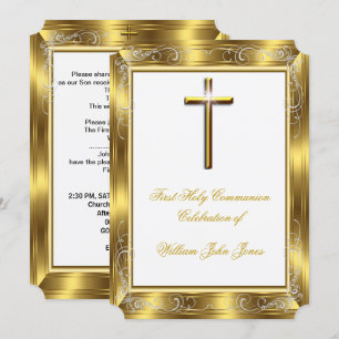 Invitation Garçon Première Sainte Communion Croix en Or Blanc