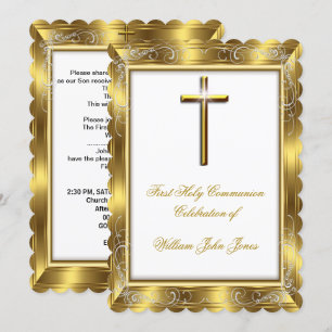 Invitation Garçon Première Sainte Communion Croix en Or Blanc