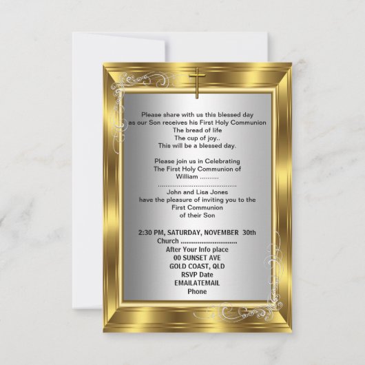 Invitation Garçon Première Sainte Communion Silver Gold Cross (Dos)