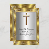 Invitation Garçon Première Sainte Communion Silver Gold Cross (Devant / Derrière)
