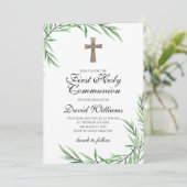 Invitation Garçon Première Sainte Communion Verdure Élégant (Debout devant)