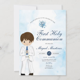 Invitation Garçon priant pour la 1ère communion bleue Croix a