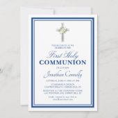 Invitation Garçon religieux argent bleu Première communion (Devant)