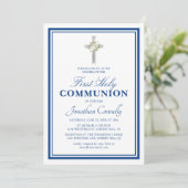 Invitation Garçon religieux argent bleu Première communion (Debout devant)