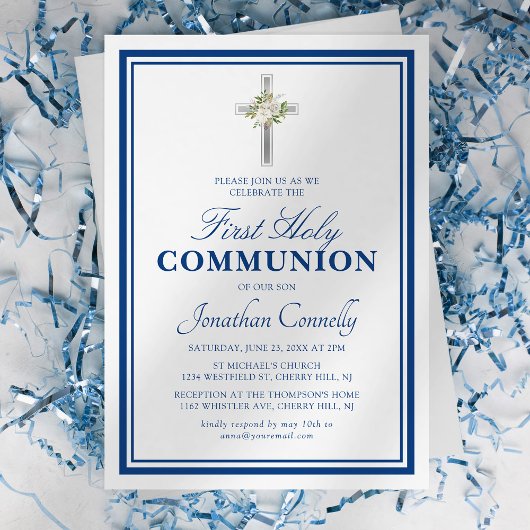 Invitation Garçon religieux argent bleu Première communion