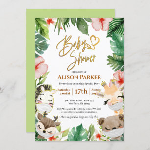 Invitation Garçon Safari Animaux Jungle Vert Bébé Garçon Douc