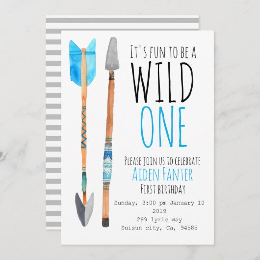 Invitation Garçon sauvage une flèche tribale premier annivers (Devant / Derrière)