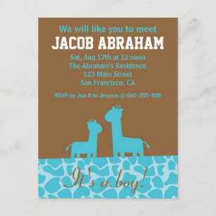 Invitation Garçon - Silhouettes et motifs de girafes bleues