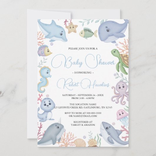 Invitation Garçon Sous Le Baby shower D'Aquarelle De L'Océan  (Devant)