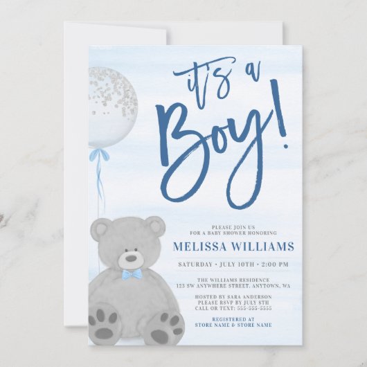 Invitation Garçon Teddy Ours Bleu gris Baby shower de ballon (Devant)