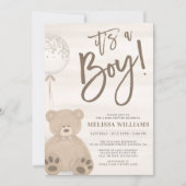 Invitation Garçon Teddy Ours Tan Balloon Baby shower (Devant)