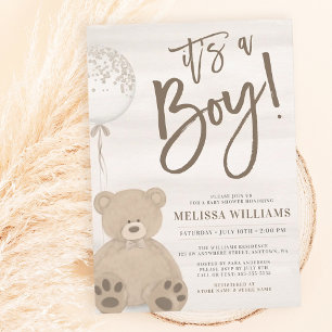 Invitation Garçon Teddy Ours Tan Balloon Baby shower