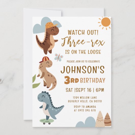 Invitation Garçon Three-rex Dinosaure Fête d'anniversaire 3 a (Devant)