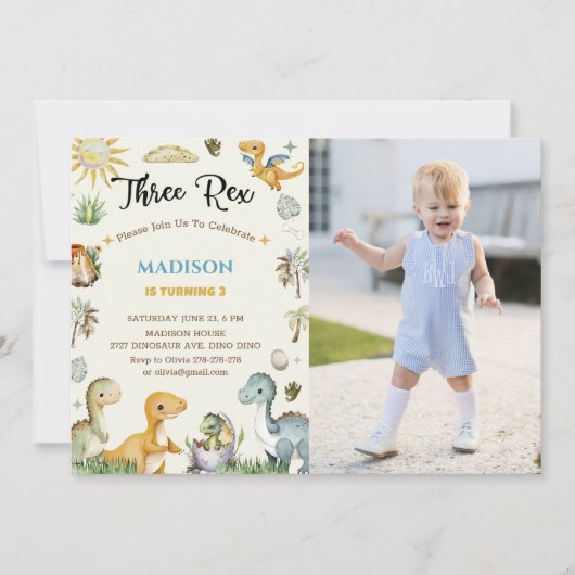 Invitation Garçon Trois Dinosaure Rex (Devant)