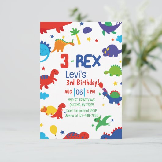 Invitation garçon Trois Rex 3e Dinosaure Anniversaire (Debout devant)