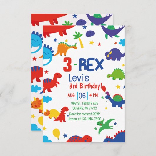 Invitation garçon Trois Rex 3e Dinosaure Anniversaire (Devant / Derrière)