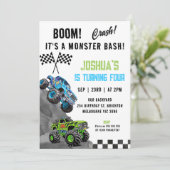 Invitation Garçon Vert Bleu Fluorescent Camion Monster Annive (Debout devant)
