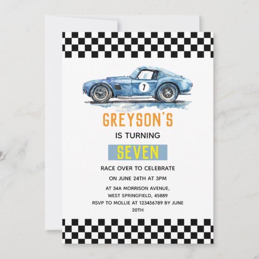 Invitation Garçon voiture de course bleue cool pour l'anniver (Devant)