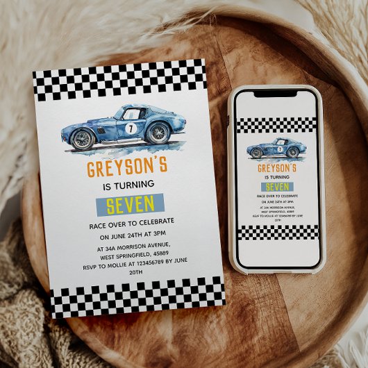 Invitation Garçon voiture de course bleue cool pour l'anniver