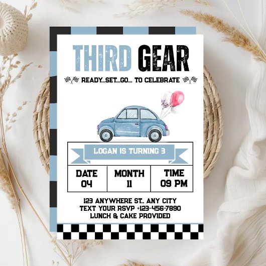 Invitation Garçon voiture de course Third Gear 3ème anniversa