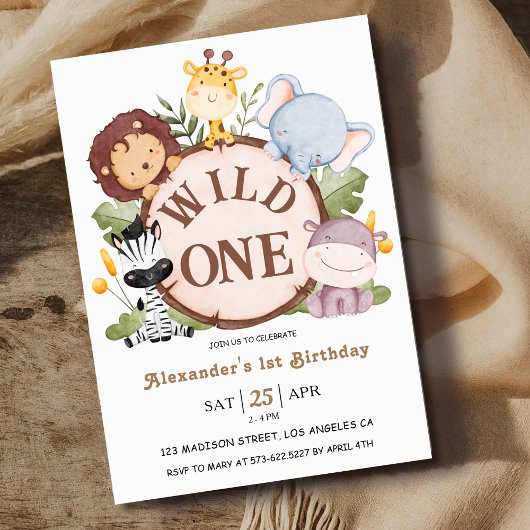 Invitation Garçon Wild ONE 1er anniversaire mignon Safari Ani