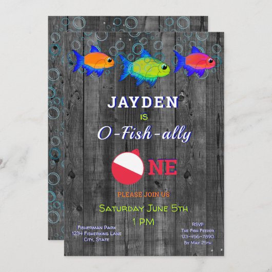 Invitation Garçons 1er Anniversaire Petit Pêcheur O Fishally (Devant / Derrière)