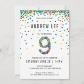 Invitation Garçons 9e fête d'anniversaire, Confetti couleur p (Devant)