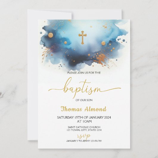 Invitation Garçons à l'aquarelle bleue Baptême Or (Devant)