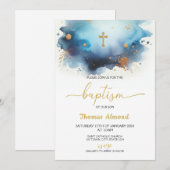 Invitation Garçons à l'aquarelle bleue Baptême Or (Devant / Derrière)