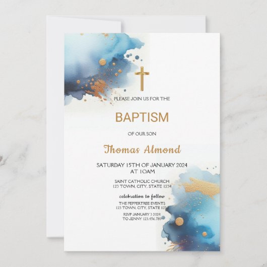 Invitation Garçons à l'aquarelle bleue Baptême Or (Devant)