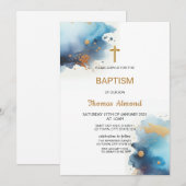 Invitation Garçons à l'aquarelle bleue Baptême Or (Devant / Derrière)