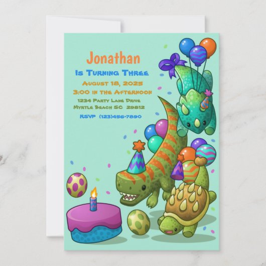 Invitation Garçons adorable Vert Dino Turtle fête d'anniversa (Devant)
