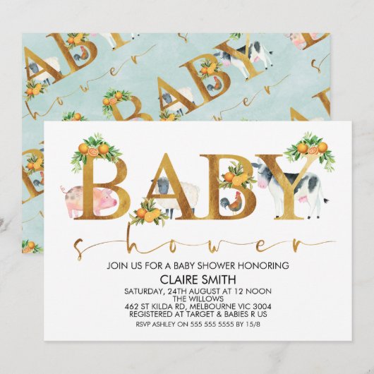 Invitation Garçons Animaux de ferme Mot Baby shower Invitatio (Devant / Derrière)